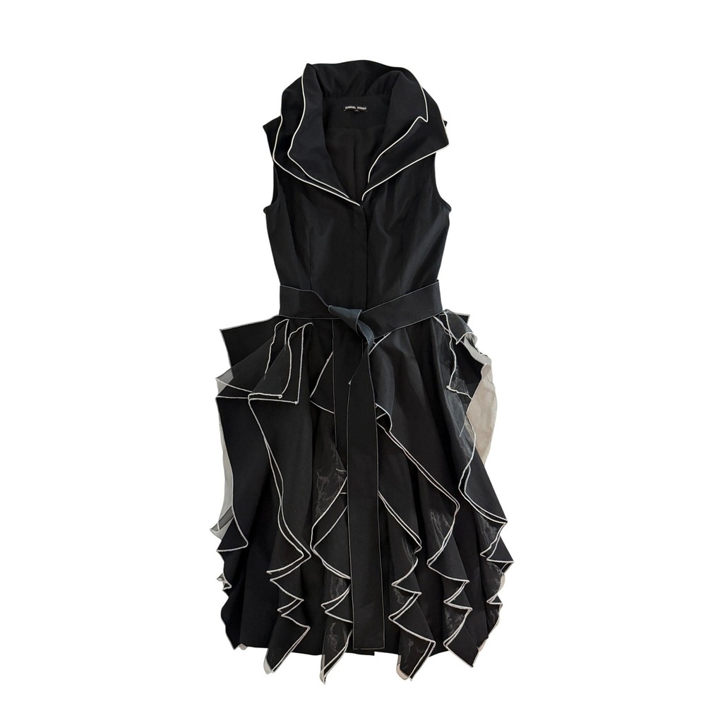 Samuel Dong Black Ruffle Avant Garde Belted Event Party Dress XS Sleeveless - Picture 2 of 10